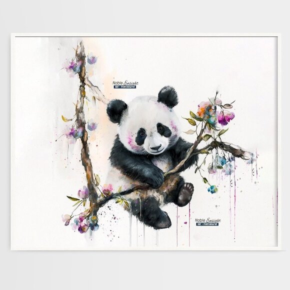 20x30 Baby Panda in a Tree Floral Watercolor Oil Painting Art Print - Picture 3 of 8